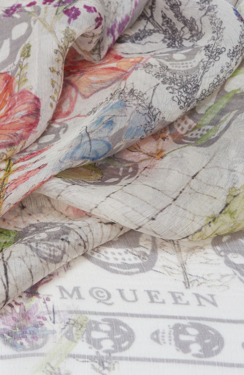 McQueen Spider Floral Silk Twill Chiffon Scarf, Alternate, color, Ivory/ Medium Grey