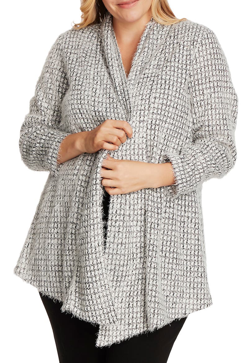 Drape Front Eyelash Houndstooth Cardigan, Alternate, color, RICH BLACK
