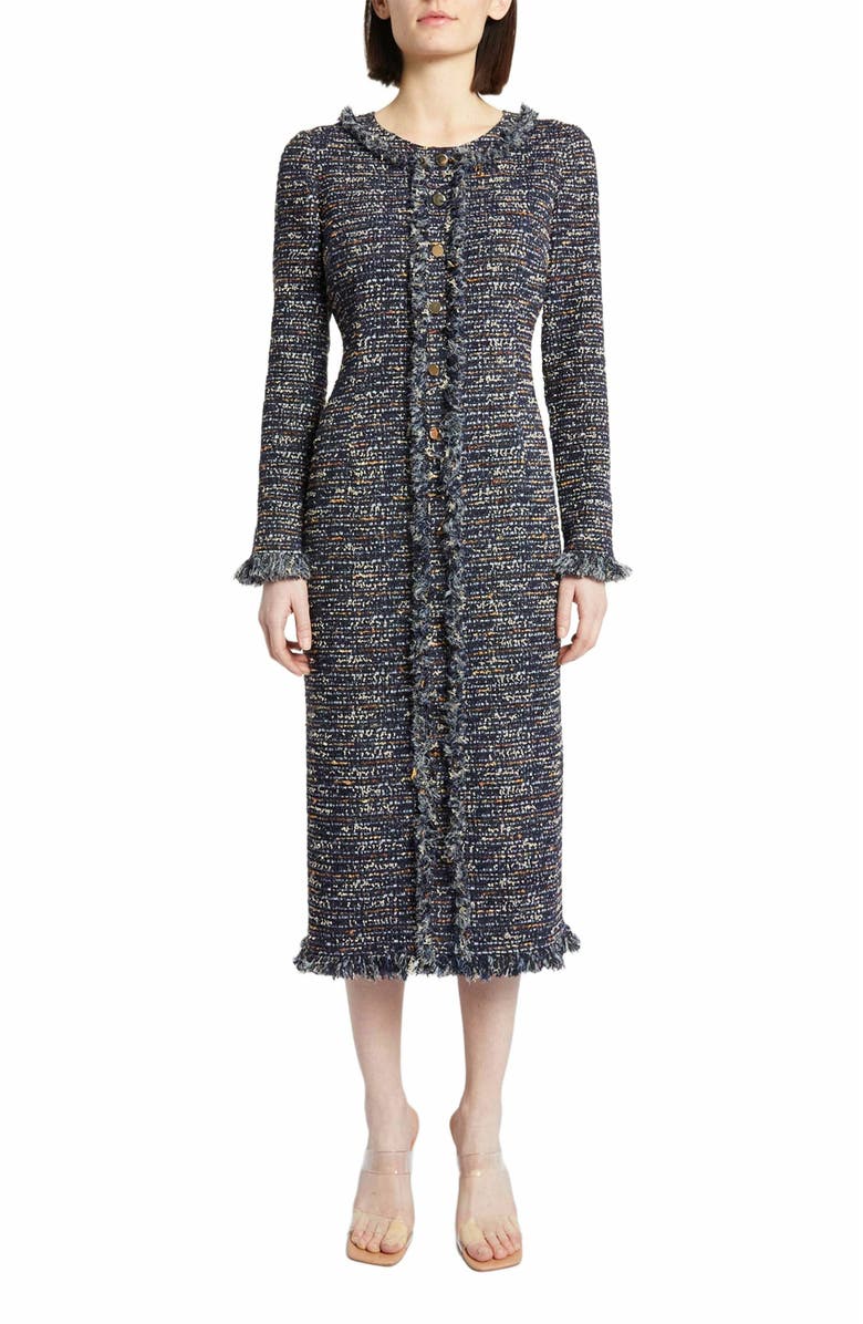 Santorelli CASS Long Sleeve Sheath Tweed Dress with Fringe Trim, Main, color, 
