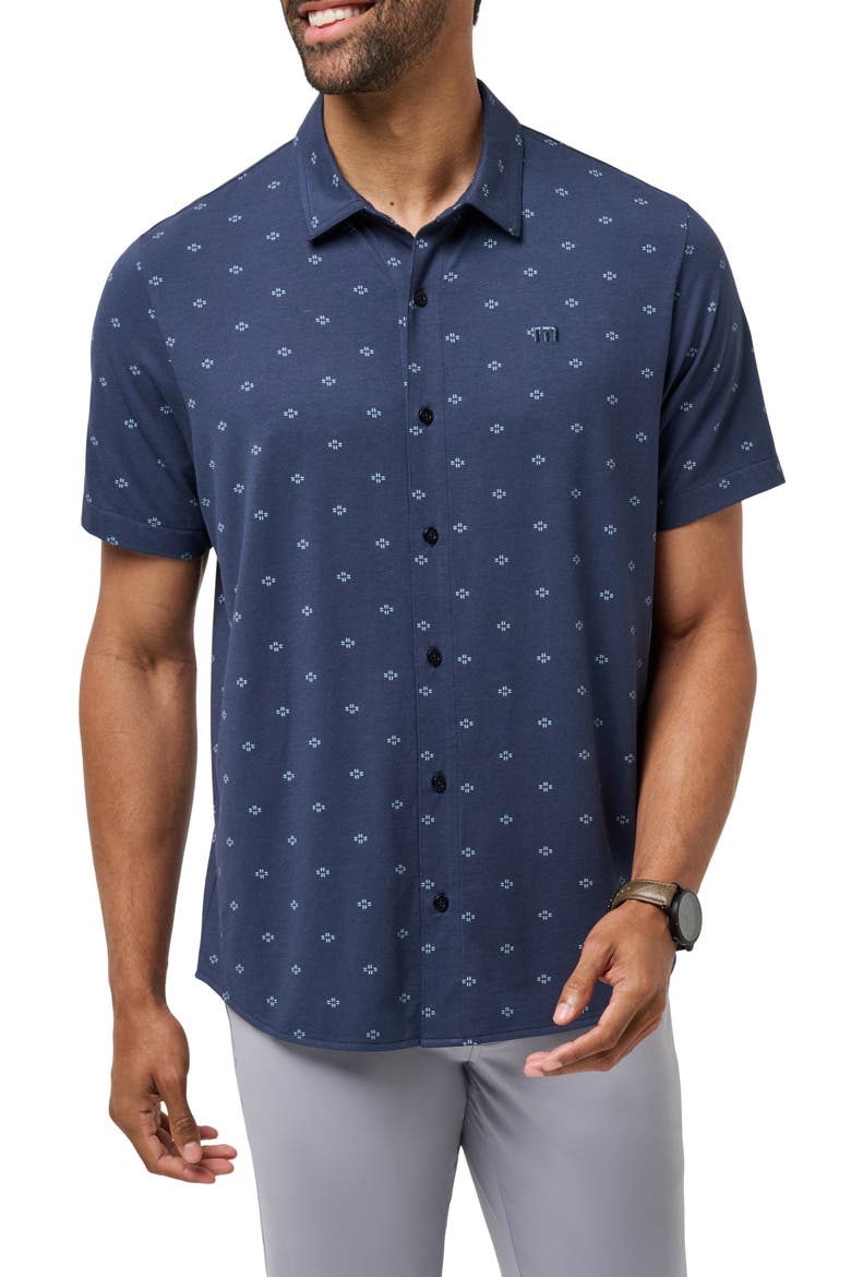 Shore of It Geo Print Short Sleeve Button-Up Knit Shirt, Main, color, TOTAL ECLIPSE