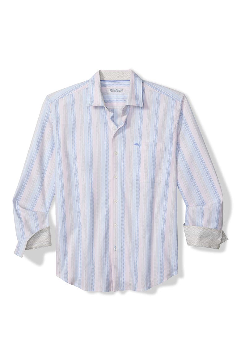 Sarasota Stretch Villa Stripe IslandZone® Button-Up Shirt, Main, color, DEW DROP