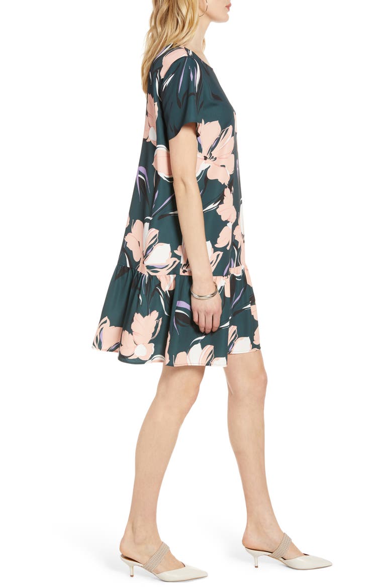 Short Sleeve Ruffle Hem Dress, Alternate, color, GREEN FLORAL