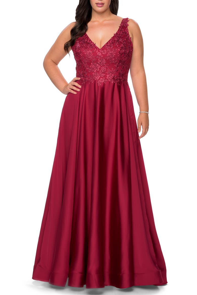 A-line Plus Size Dress with Rhinestone Lace Bodice, Alternate, color, Wine