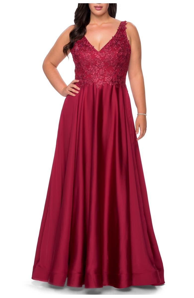 La Femme A-line Plus Size Dress with Rhinestone Lace Bodice, Alternate, color, Wine