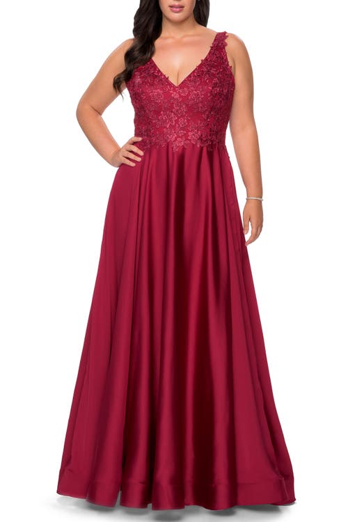 La Femme A-line Plus Size Dress With Rhinestone Lace Bodice