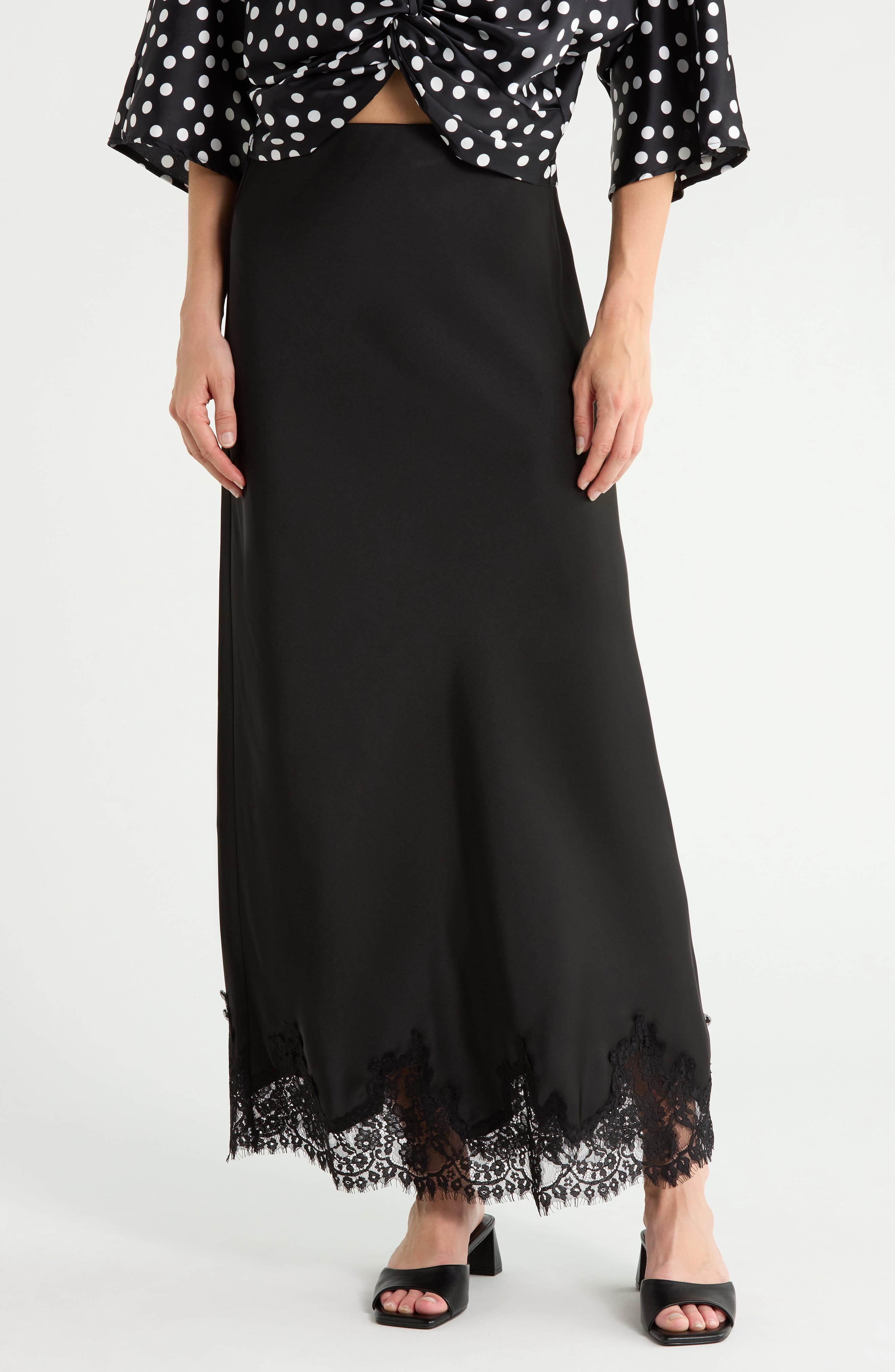 Lace Hem Satin Maxi Skirt