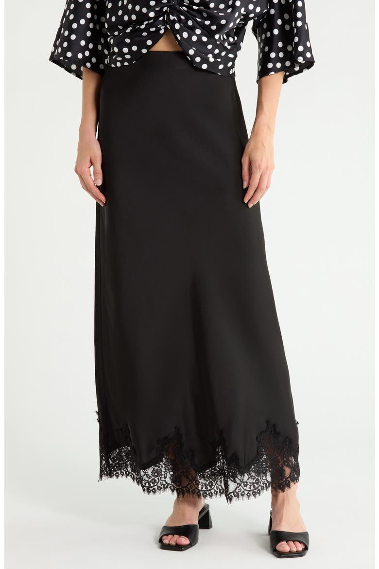 Lace Hem Satin Maxi Skirt, Main, color, BLACK
