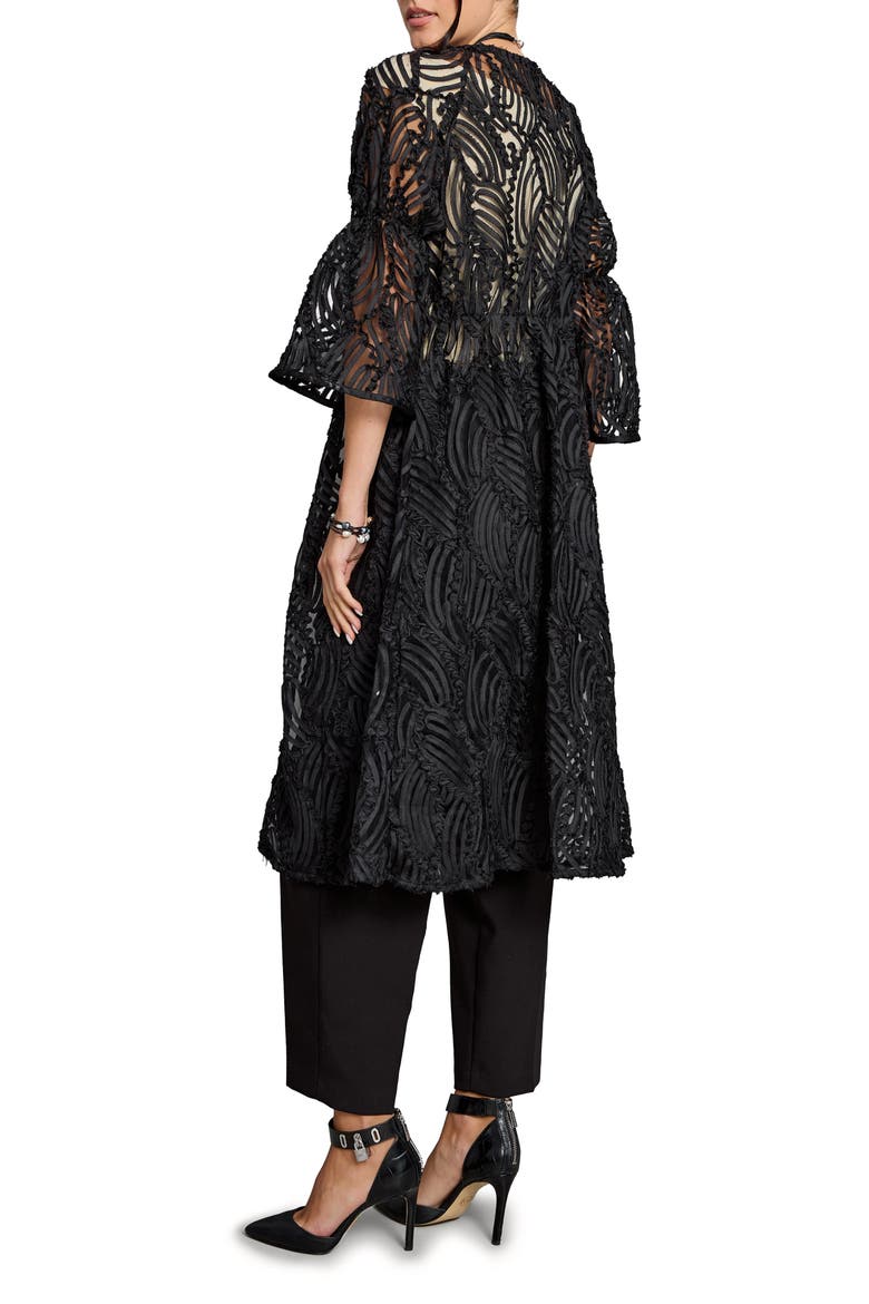 Ribbon Trim Balloon Sleeve Ruana, Alternate, color, BLACK
