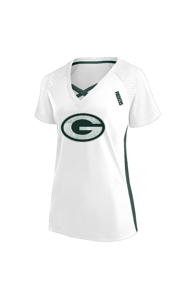 FANATICS Women's Fanatics  White Green Bay Packers Plus Size Glitter Lace-Up V- Neck T-Shirt, Alternate, color, 