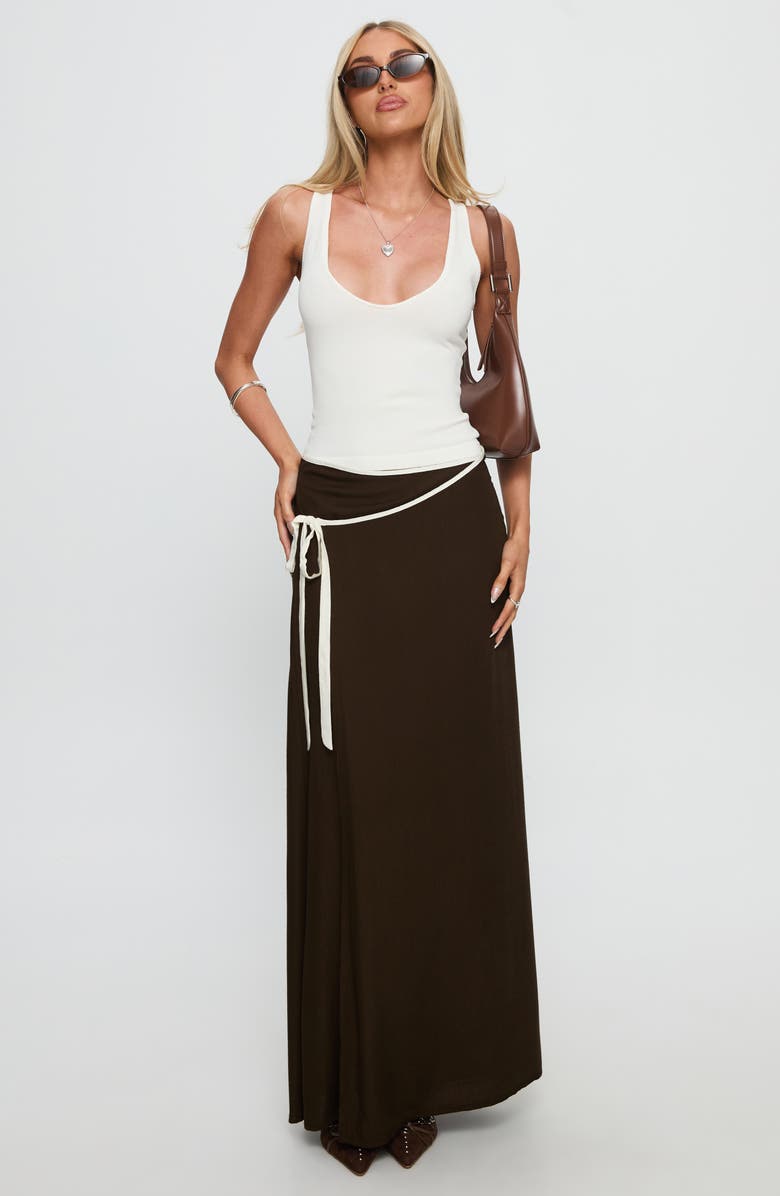 Princess Polly Keirah Contrast Binding Wrap Maxi Skirt, Alternate, color, Chocolate / White
