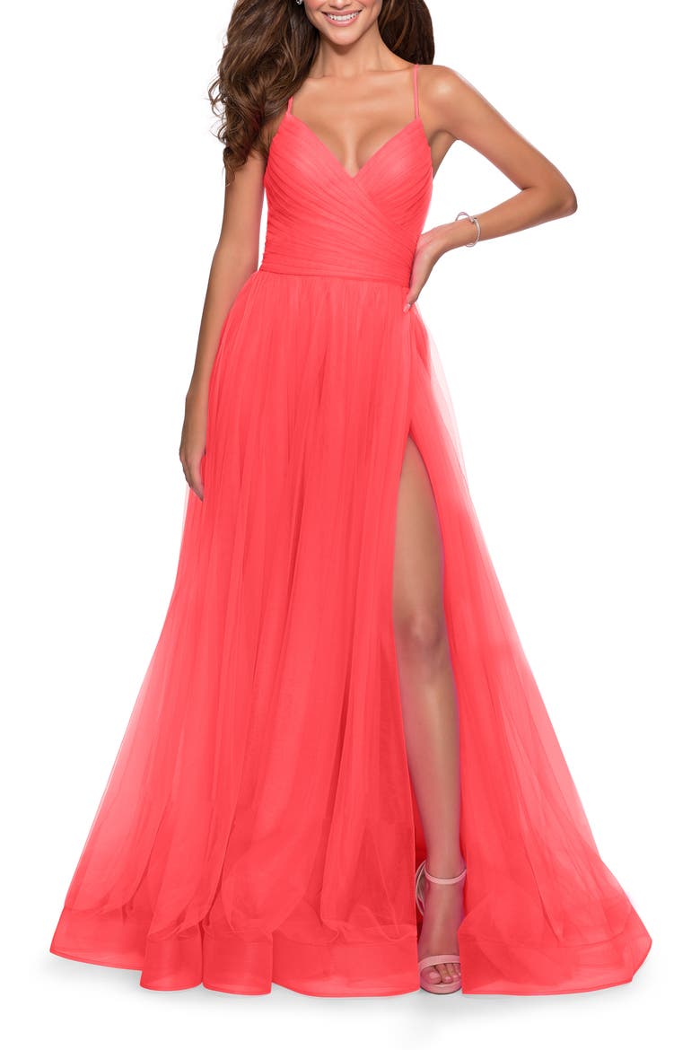 Long Tulle A-line Gown with Side Slit and Pockets, Main, color, Hot Coral