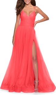 La Femme Long Tulle A-line Gown with Side Slit and Pockets