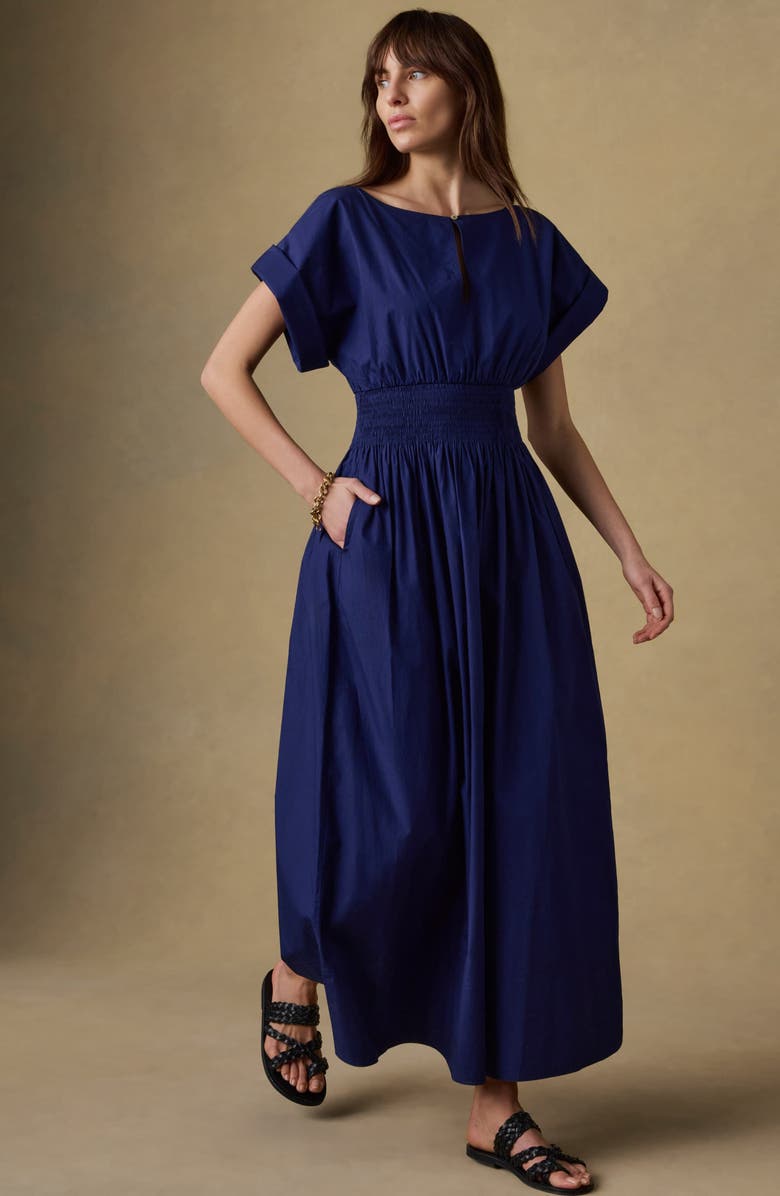 Faherty Elia Coastal Short Sleeve Organic Cotton Poplin Maxi Dress, Alternate, color, Ocean Cavern