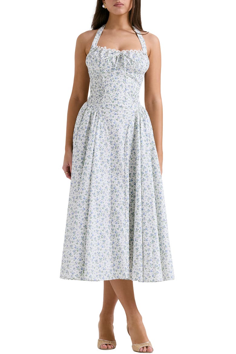 Adabella Floral Pleated Halter Sundress, Main, color, PRINT COTTAGE BLUE