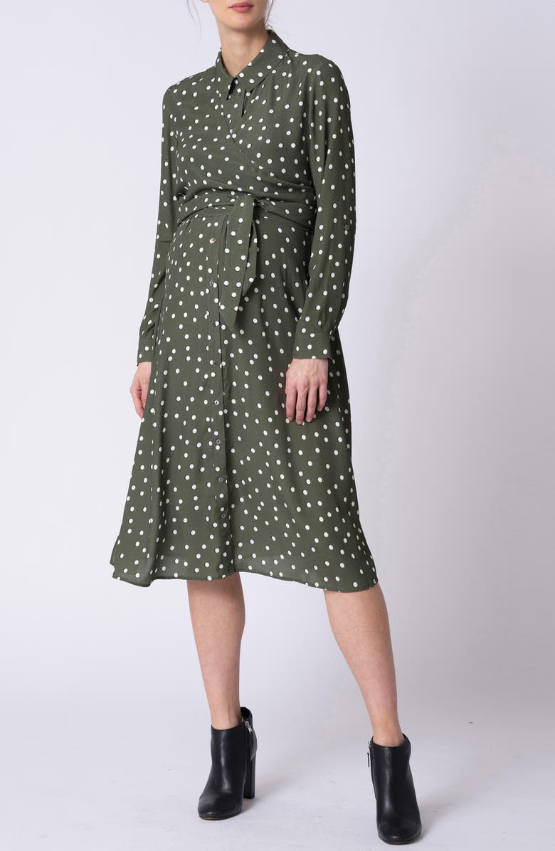 Seraphine Polka Dot Long Sleeve Maternity/Nursing Shirtdress, Main, color, 