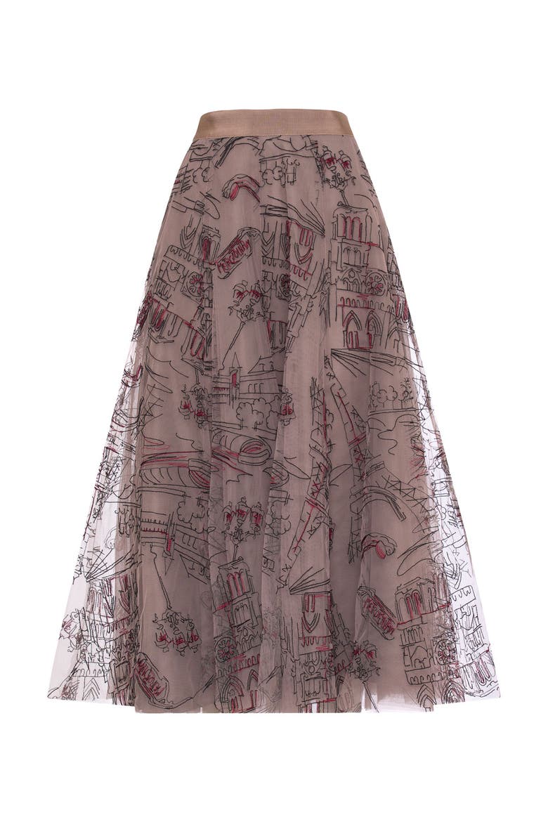 Embroidered Tulle Skirt With Floral Yarn and Sequin Embroidery Vive La France, Alternate, color, Taupe