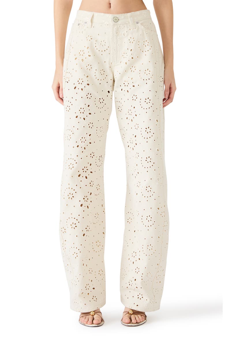 Rori Embroidered Floral Eyelet Wide Leg Jeans, Main, color, SEA MIST
