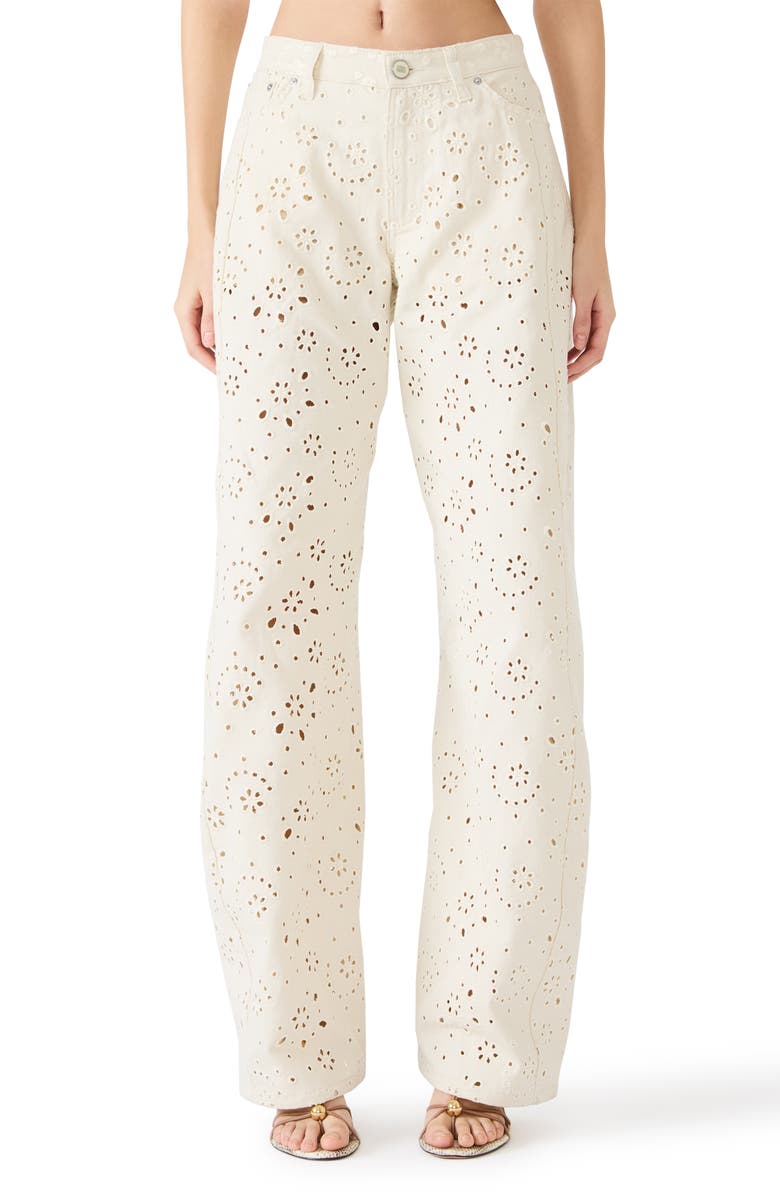 Steve Madden Rori Embroidered Floral Eyelet Wide Leg Jeans, Main, color, Sea Mist