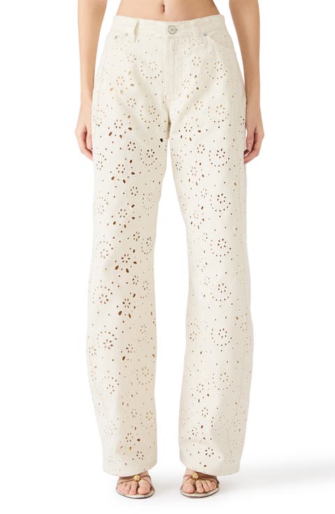 Rori Embroidered Floral Eyelet Wide Leg Jeans (Sea Mist)