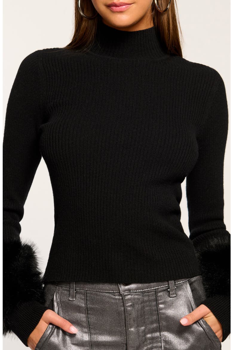 Magnus Faux Fur Trim Merino Wool Blend Rib Top, Alternate, color, BLACK FAUX FUR