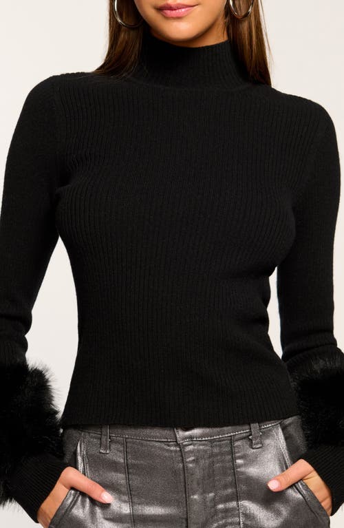 Ramy Brook Magnus Faux Fur Trim Merino Wool Blend Rib Top In Black Faux Fur
