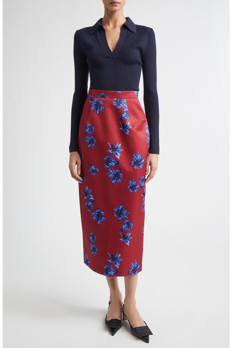 Lorelei Festive Lilies Faille Midi Skirt, Alternate, color, FESTIVE LILLIES RED BLUE