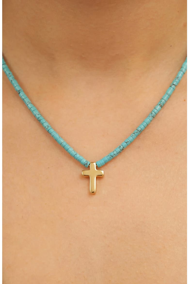 Turquoise Bead Puffy Cross Pendant Necklace, Alternate, color, GOLD/ TURQUOISE