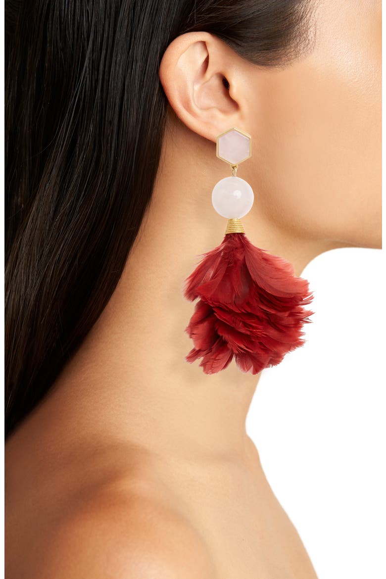 Feather Drop Earrings, Alternate, color, TUSCAN WINE / PINK QUARTZ