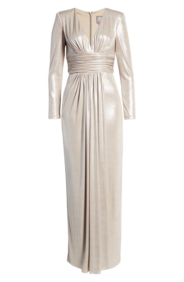 Vince Camuto Long Sleeve Metallic Wrap Gown, Alternate, color, 