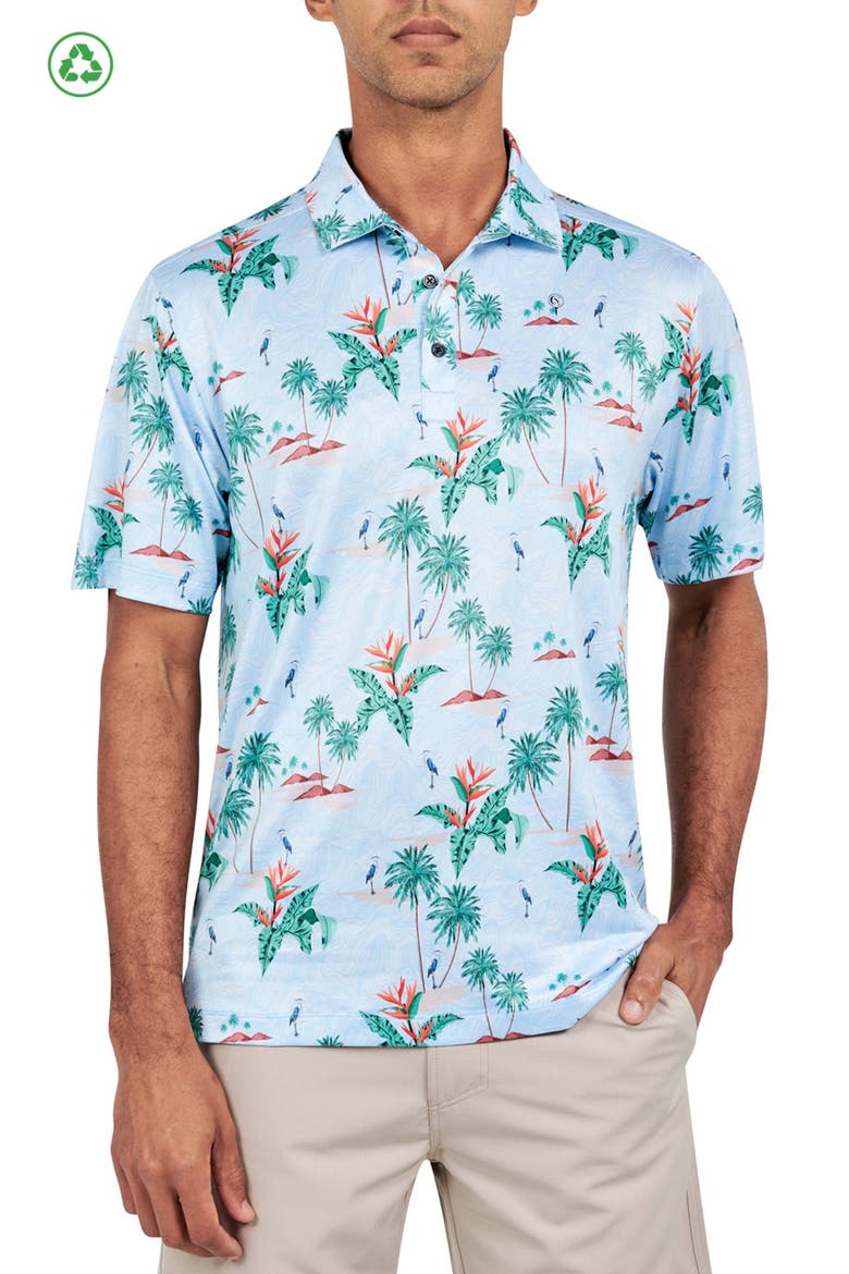Regular Fit Tropical Palm Print Recycled Performance Golf Polo, Main, color, MULTI