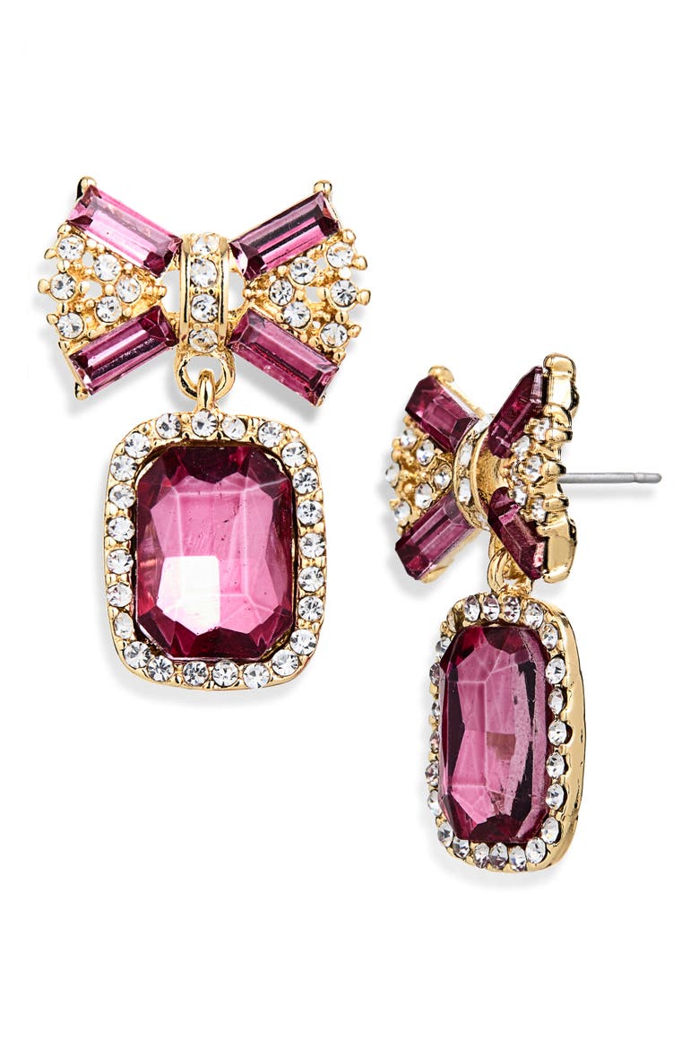 Bow Top Crystal Drop Earrings, Main, color, FUCHSIA