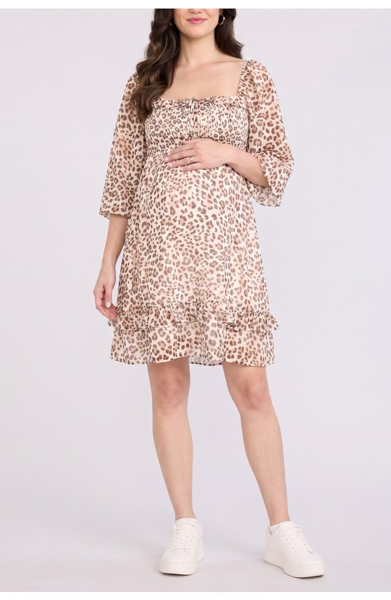 MOTHERHOOD MATERNITY Smocked Babydoll Long Sleeve Mini Dress, Main, color, Soft Cheetah