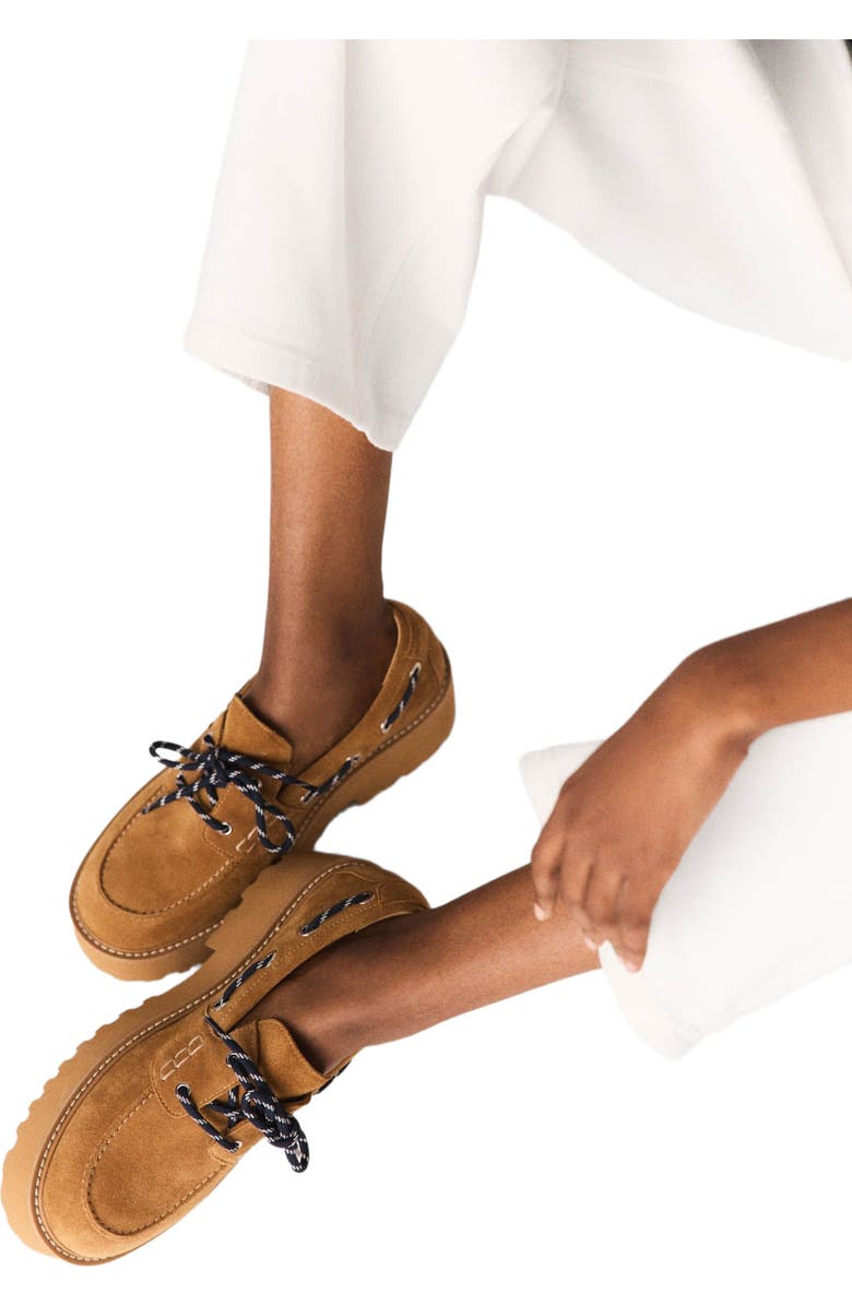 maje Suede platform boat shoes, Alternate, color, Caramel