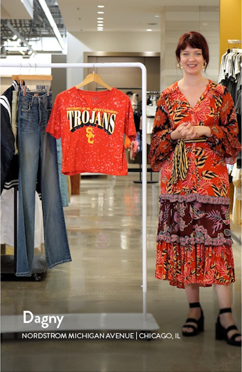 Women's WEAR by Erin Andrews Cardinal USC Trojans Bleach Wash Splatter Cropped Notch Neck T-Shirt, sales video thumbnail