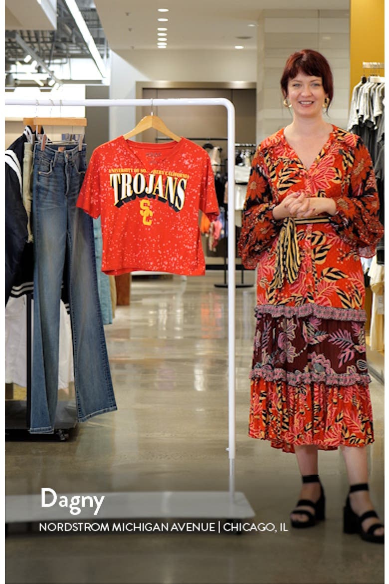 Women's WEAR by Erin Andrews Cardinal USC Trojans Bleach Wash Splatter Cropped Notch Neck T-Shirt video