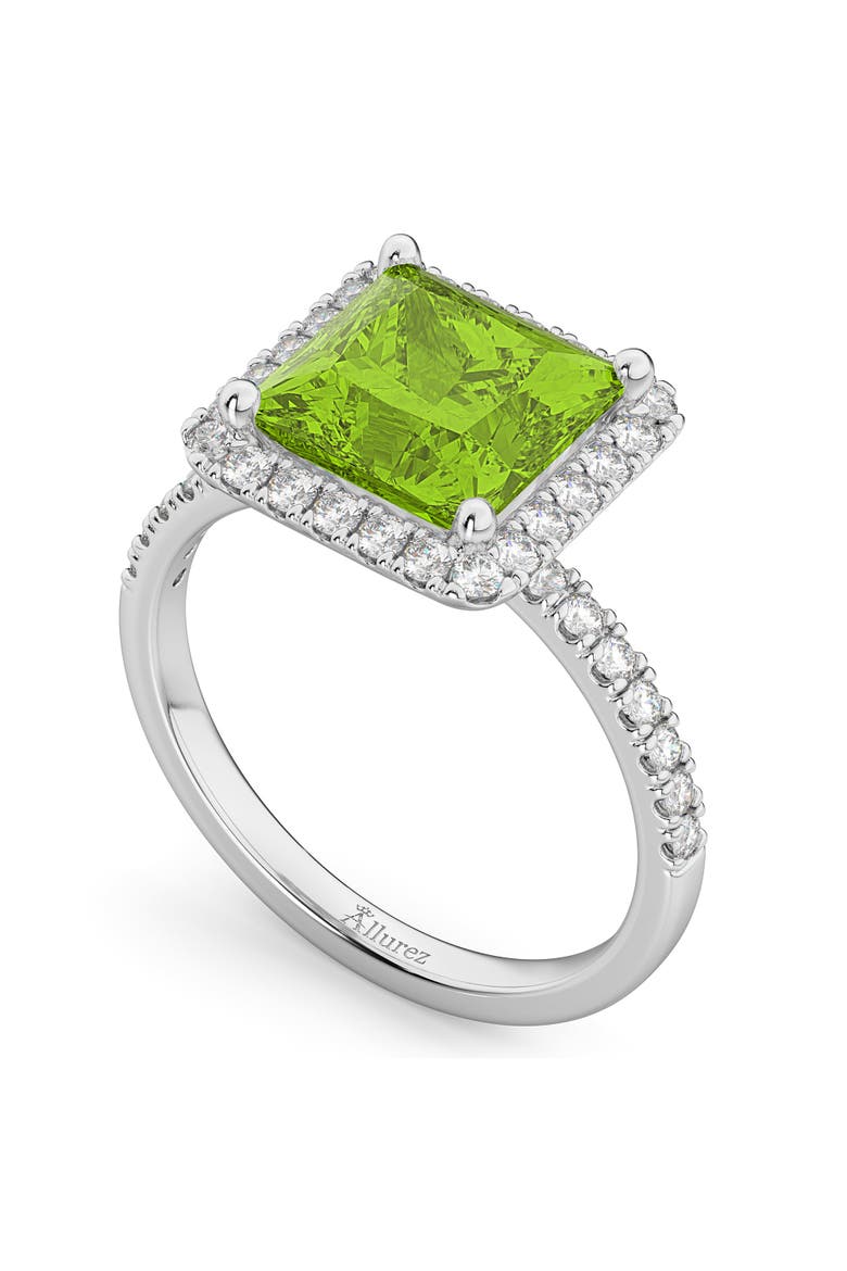 Princess Halo Peridot & Diamond Engagement Ring 14K Gold, Alternate, color, 3.47ct/White Gold