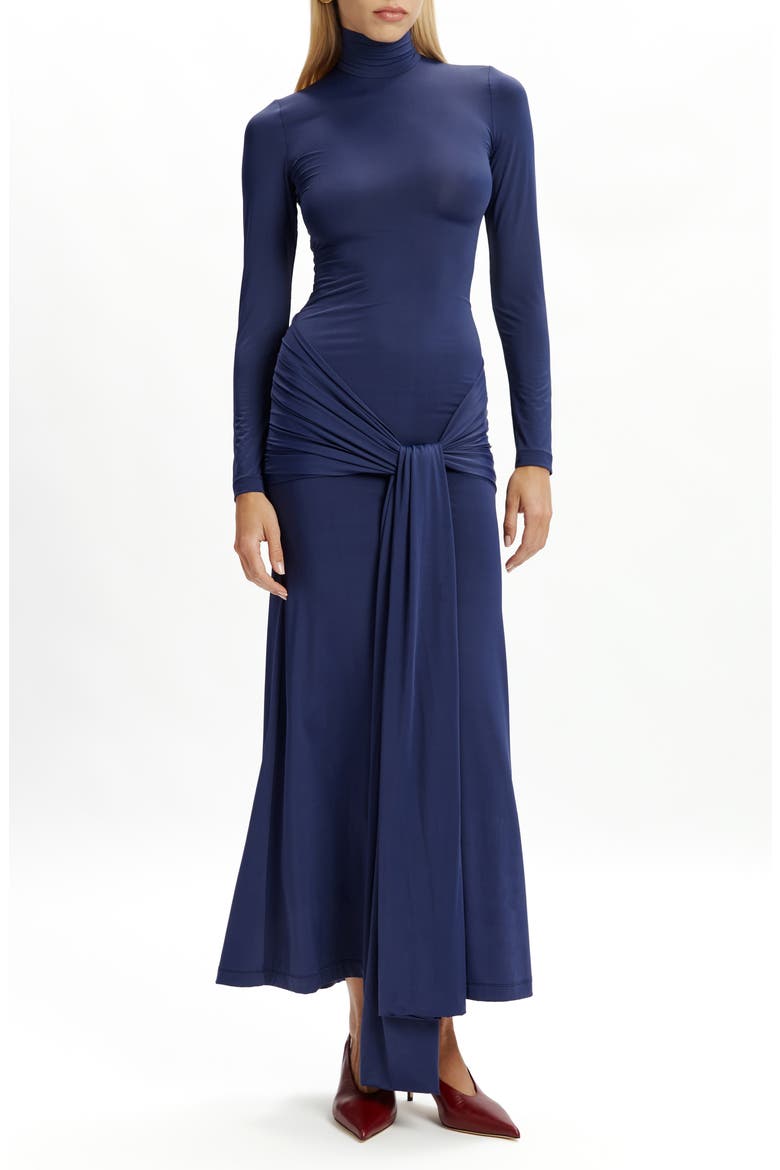 Alix Tie Front Long Sleeve Maxi Dress, Main, color, NAVY