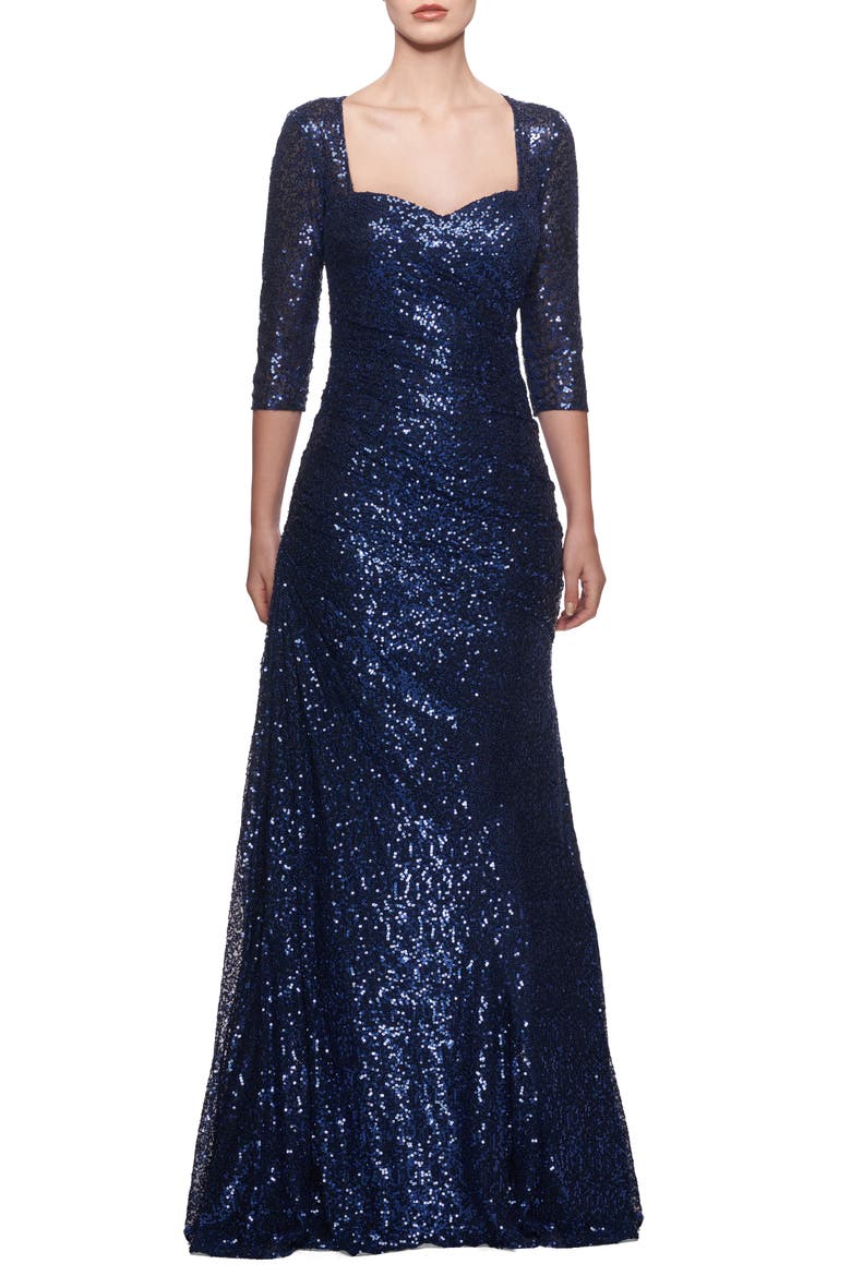 Ruched Sequin Trumpet Gown, Main, color, NAVY