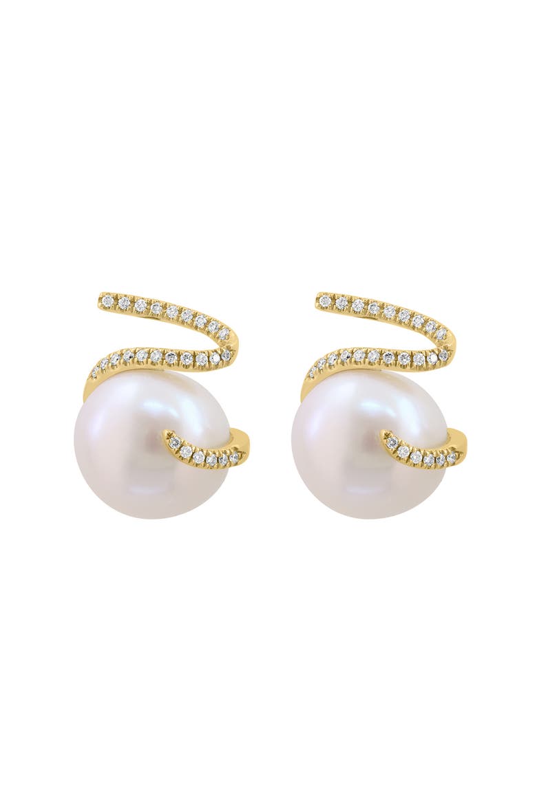 14K Yellow Gold Baroque Freshwater Pearl & Diamond Ribbon Stud Earrings, Main, color, 14K Gold