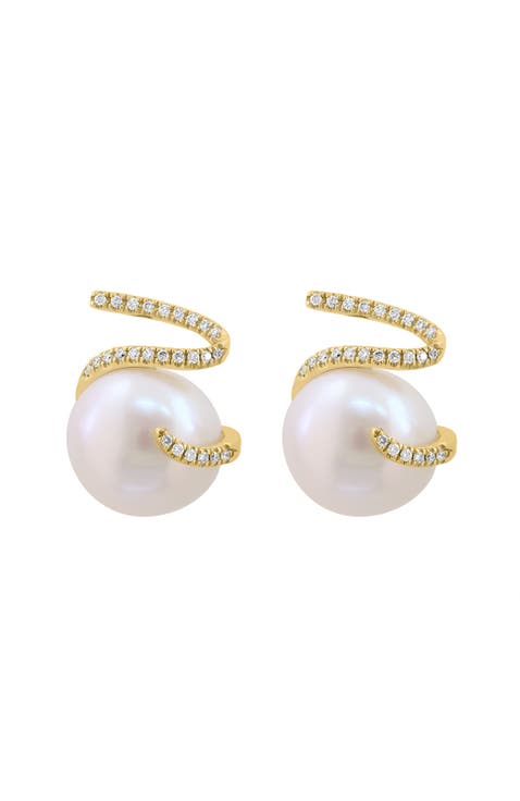 14K Yellow Gold Baroque Freshwater Pearl & Diamond Ribbon Stud Earrings
