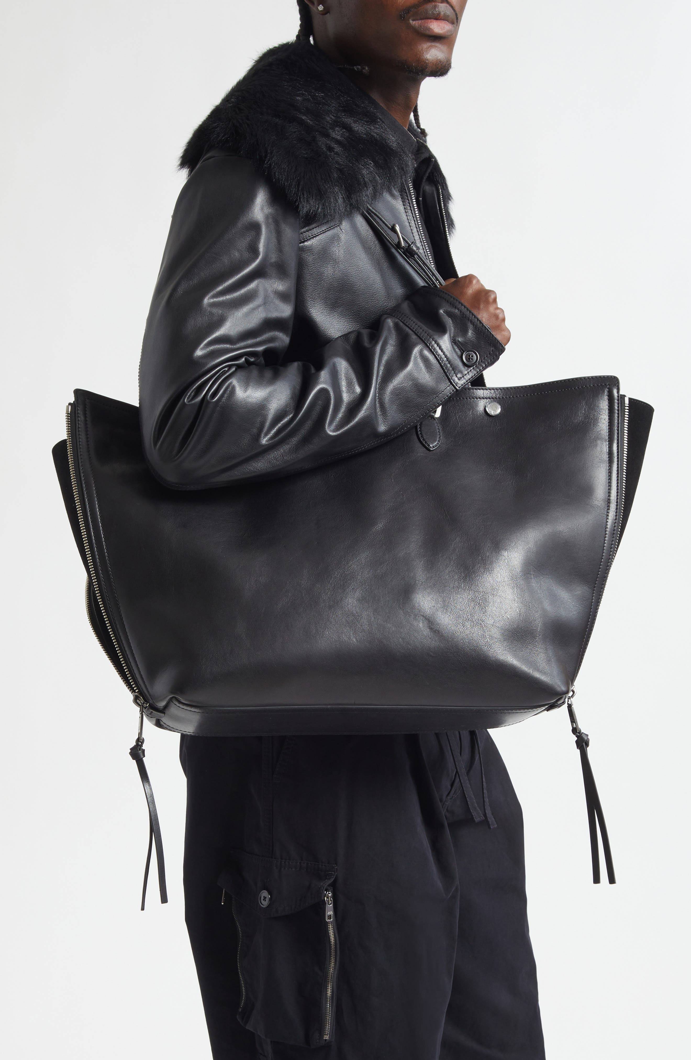 Dolce&Gabbana Atene Side Zip Leather Shopper, Alternate, color, 80999 Nero