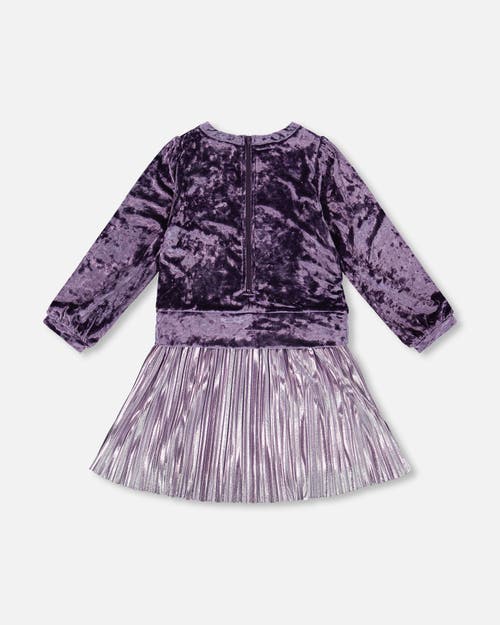 Deux Par Deux Long Sleeve Bi-material Velour And Jersey Dress In Purple