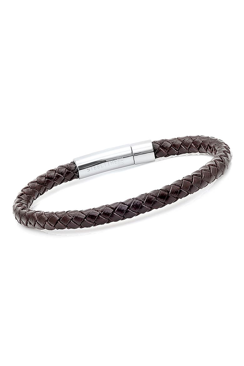 Stainless Steel Charm & Braided Leather Bracelet, Alternate, color, BROWN
