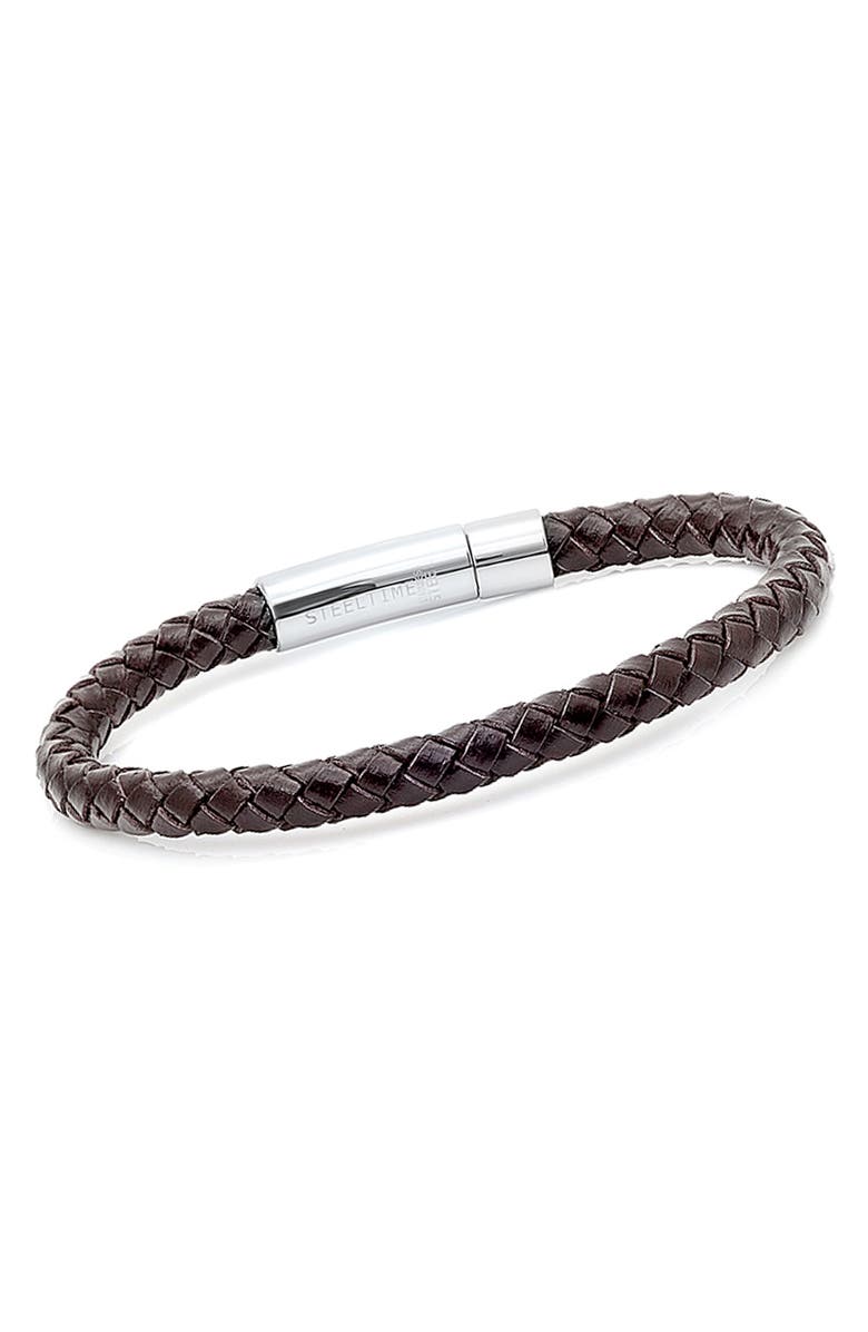 HMY JEWELRY Stainless Steel Charm & Braided Leather Bracelet, Alternate, color, Brown