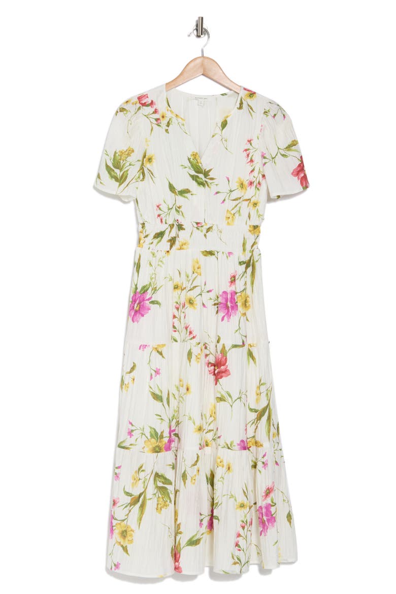 Floral Short Sleeve Tiered Midi Dress, Alternate, color, IVORY MULTI