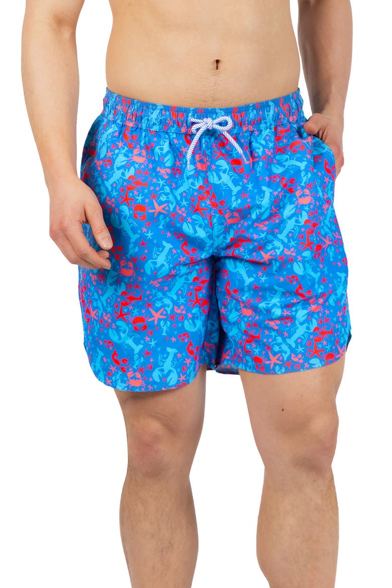 Lobster Print Swim Trunks, Main, color, ISLAND BLUE