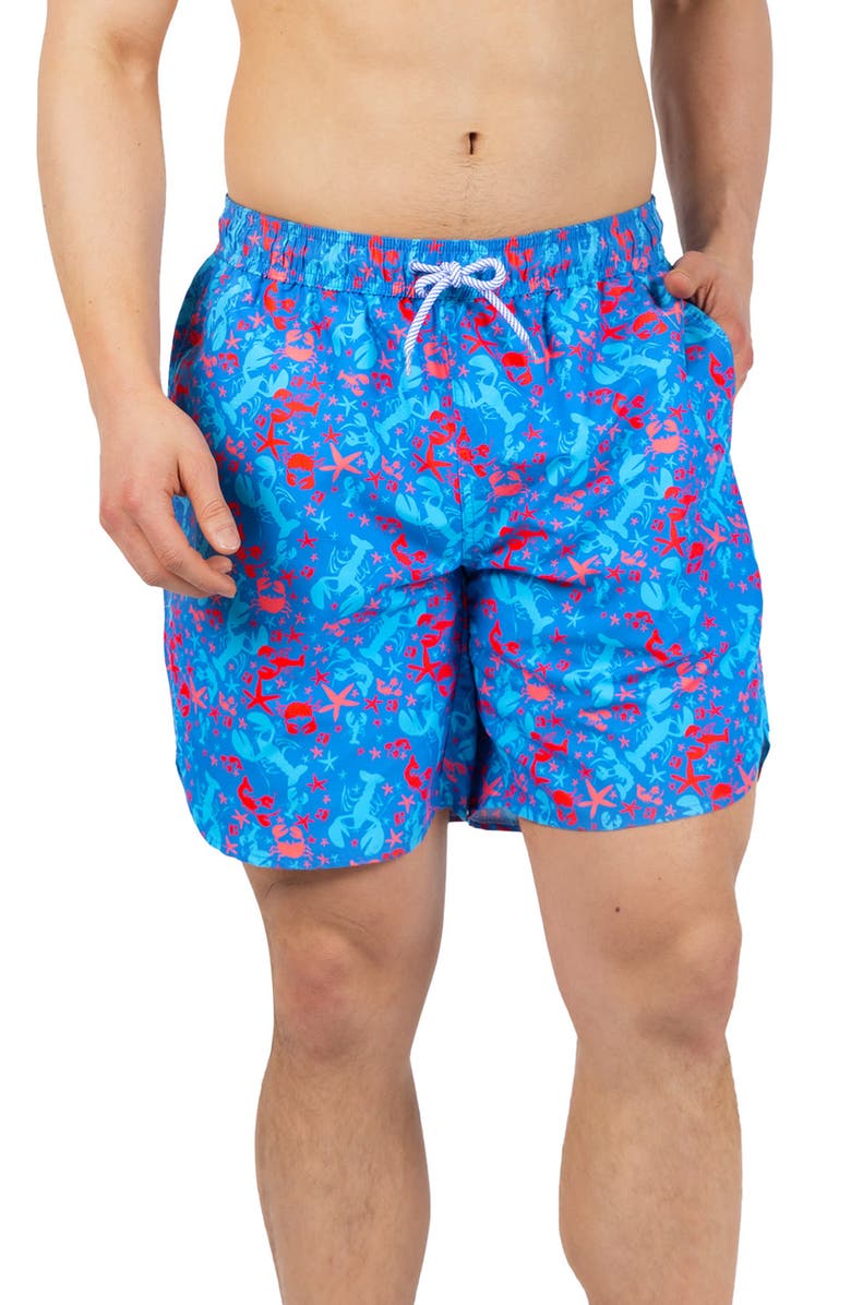 TailorByrd Lobster Print Swim Trunks, Main, color, Island Blue