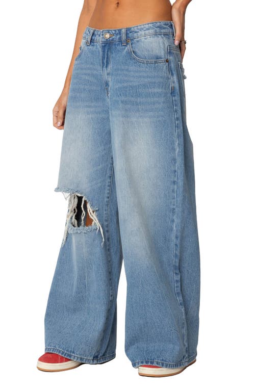 Edikted Ripped Low Rise Baggy Wide Leg Jeans In Blue-washed