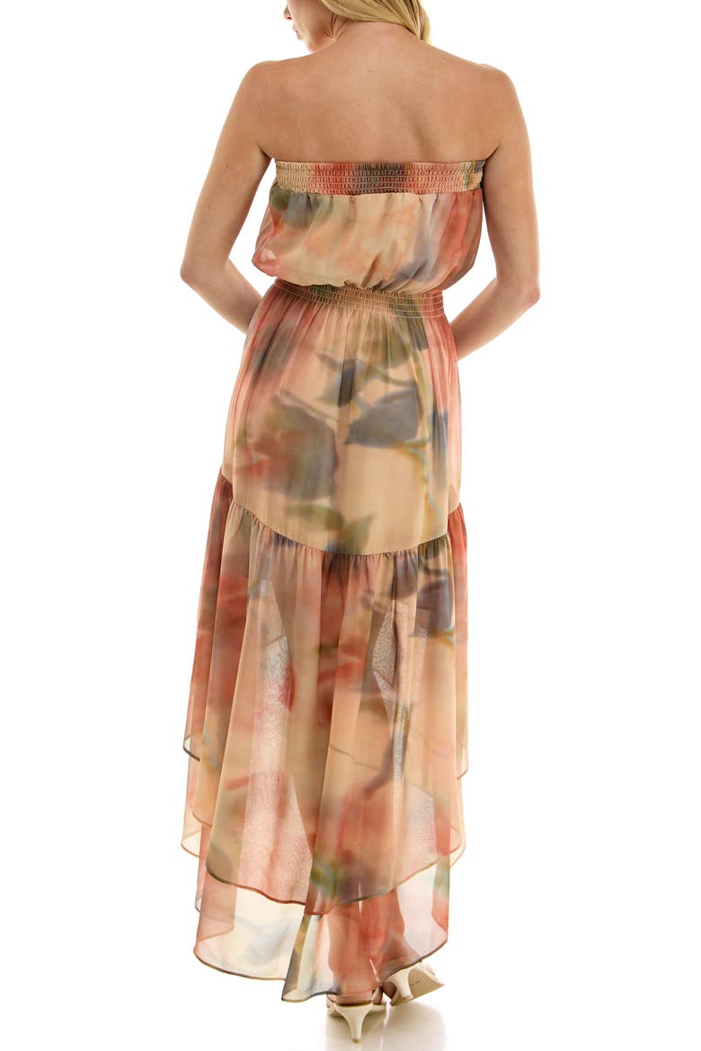 Abstract Print Strapless High-Low Tiered Midi Dress, Alternate, color, RUST/ BROWN