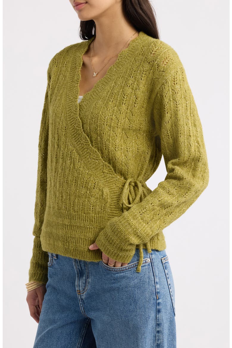 Pointelle Wrap Sweater, Alternate, color, OLIVE EYES